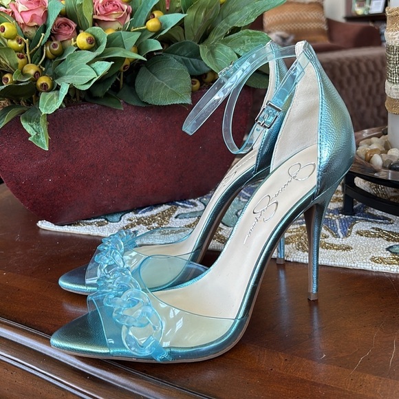 Brand New Jessica Simpson Wayri Stiletto Heels Sandals Lucite Chainlink Blue - Picture 6 of 15